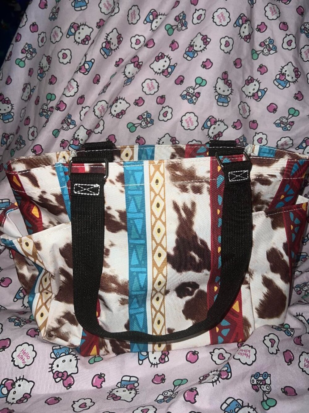 Western Cow Print Aztec Tote Bag Boho Southwestern Shoulder Tote - Picture 1 of 3